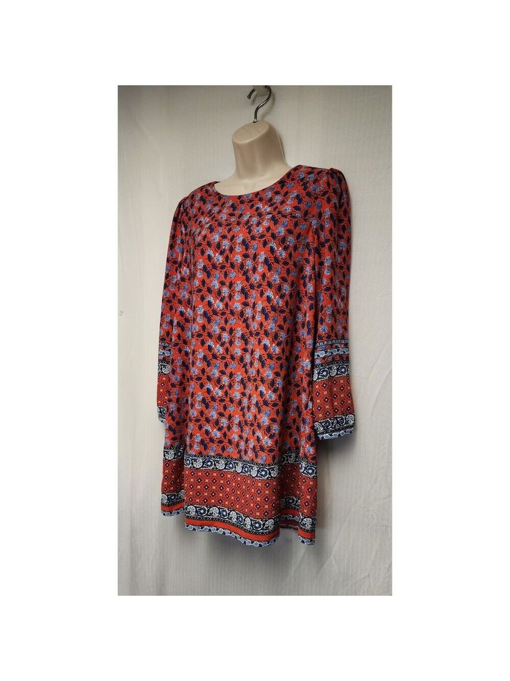 LOFT BORDER FLORAL ROUND NECK BALLOON SLEEVES LENGTH DRESS SIZE MP MULTI RED - Picture 5 of 9